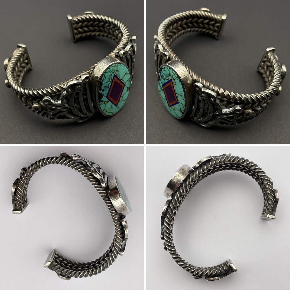 Vintage Navajo Ray Tracey & Knifewing Segura Sterling Silver Inlay Cuff Bracelet - Picture 3 of 16